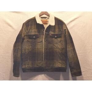 LEVIS Corduroy Sherpa Trucker Jacket Textured Plaid Tinsel Brown Warm Mens Large